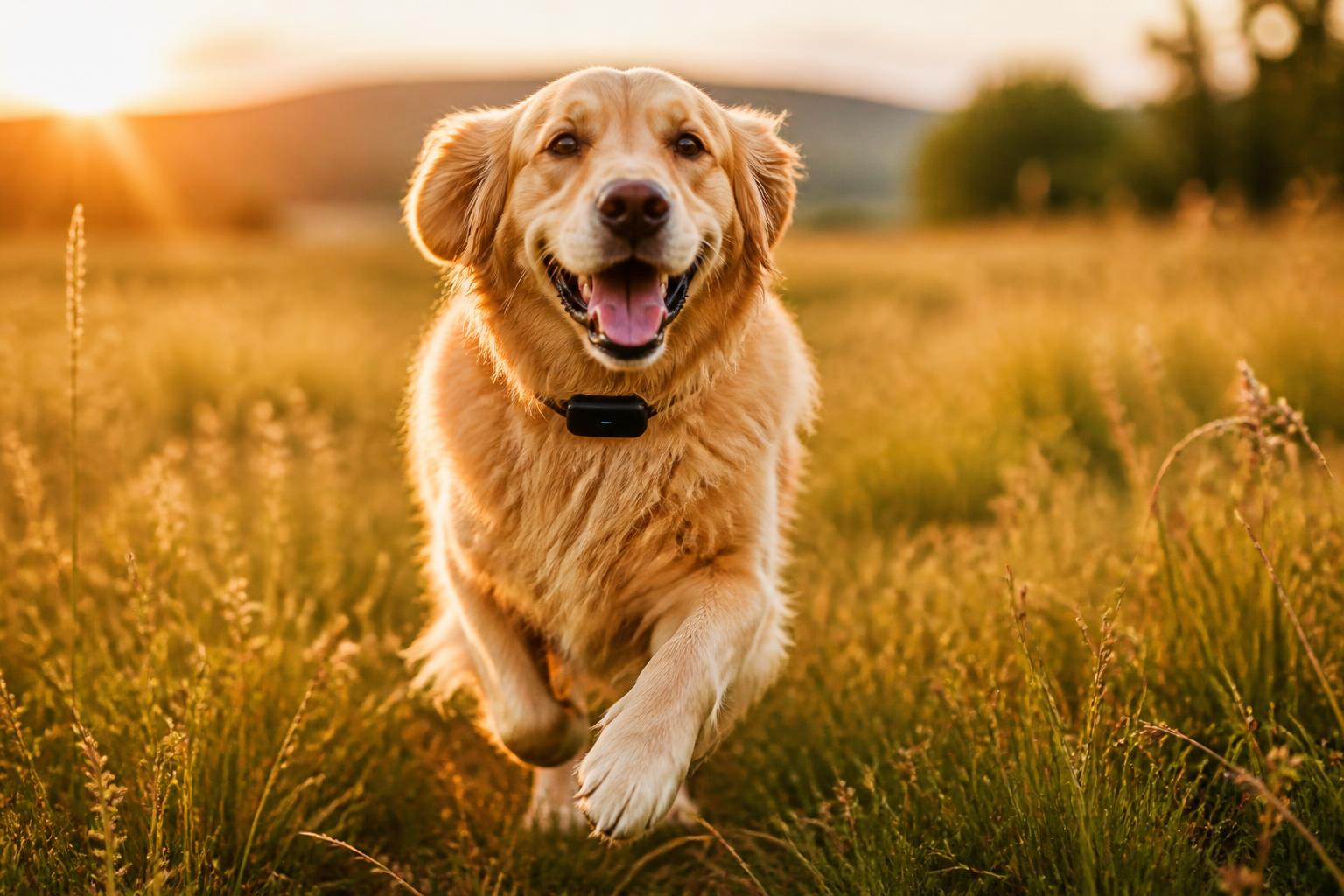 Hund läuft über eine sonnige Wiese und trägt einen GPS-Tracker am Halsband